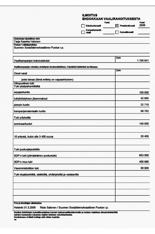 Presidentti Halosen vaalirahoitusilmoitus 2006 sivu 1