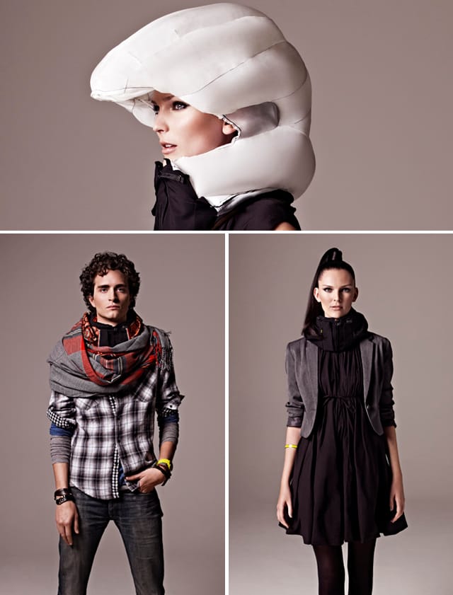 Hövdingin huivista ponnahtaa esiin pyöräilykypärä. Kankaita on saatavilla erilaisin kuosein.