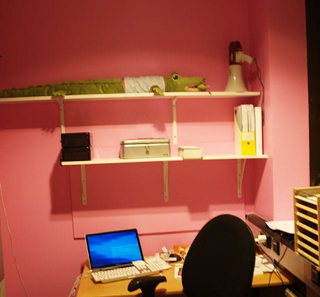 Krokotiili Riku on seurannut ravintolanjohtaja Markku Valtasta jo pitkään. Nyt se on asettunut Valtasen vaaleanpunaiseen toimistoon.