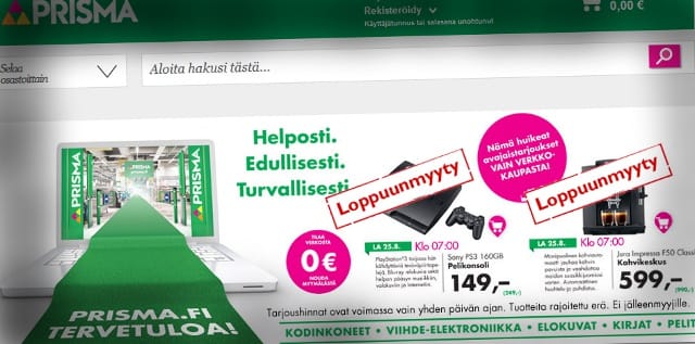 Prisman verkkokauppa muutama tunti Playstation 3 -tarjouksen jälkeen.