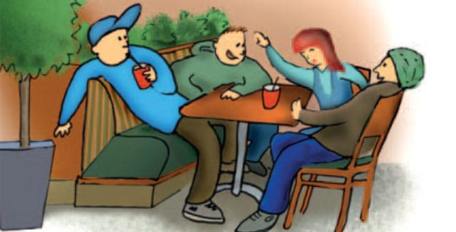 Siinä ne nuoret taas meuhkaavat. ABC ja nuoret -opas luottaa koulukirjamaiseen kuvitukseen.