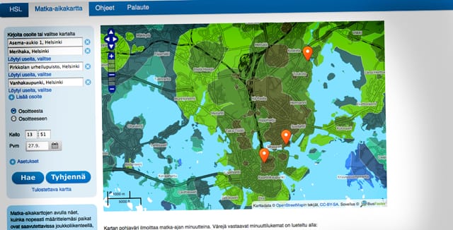 Matka-aikakartta kertoo, missä ovat julkisen liikenteen sukkelimmat tai pimeimmät pisteet.