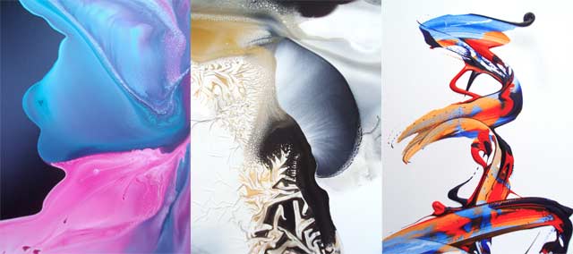 Ruson maalausjälki on unenomaista maisemaa. Kuvassa detaljit kolmesta maalauksesta.