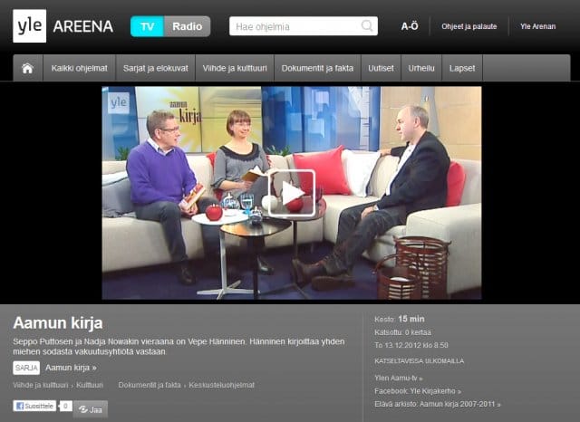 Vepe Hännisen esikoisromaani "Minä, vakuutusetsivä" Ylen Aamun kirjassa.