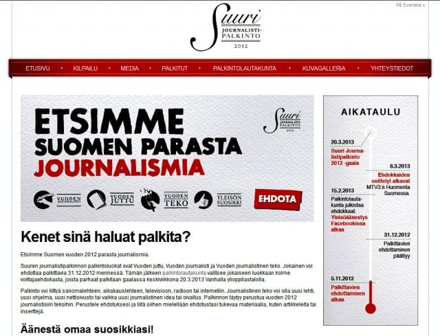Suurin journalismipalkinto vuonna 2012 menee....