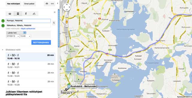 Google Maps ei nosta julkisen liikenteen reittihakua turhan isosti näkyviin.