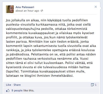 Anu Palosaaren sekoilua Fobban Facebook-seinällä. https://www.facebook.com/anu.palosaari/posts/10201063935784325