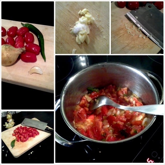 Valkosipulinpuristin, pyh! Kunnon kokkiveitsi, suolaa, ja hierontaa veitsen lavalla. Sosetta tuli.