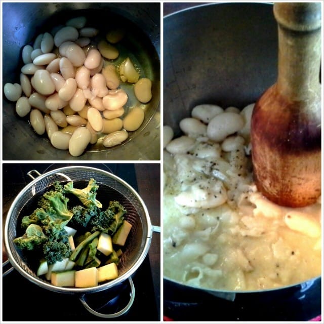 Kattilassa papusoseen ainekset, siivilässä vihannekset. Pysyy tiski vähissä!