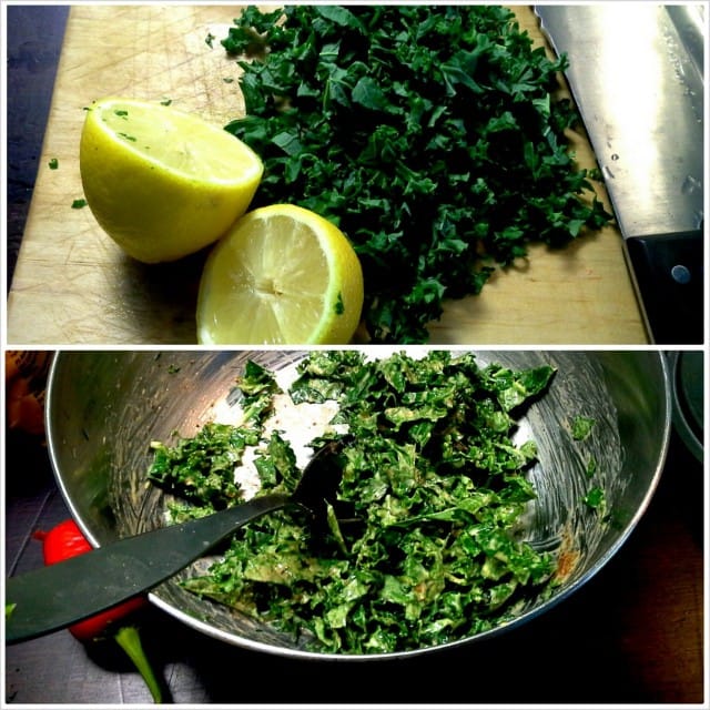 Supernopea Superfood -lisuke: lehtikaalisilppua mantelitahna-sitruunamehu-oliiviöljy-vaahterasiirappikastikkeessa