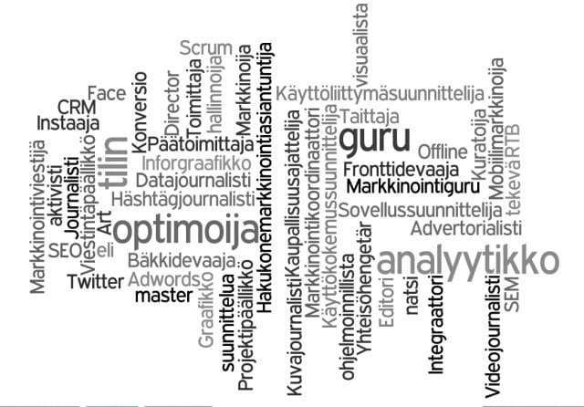 Häshtägjournalisti ja muut viestinnän ja markkinoinnin uudet tittelit.