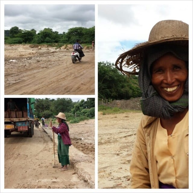 Siltoja on vähän. Joen pohjaa käytetään tienä. Eiliset sateet ovat jättäneet hiekkaa. Nyt tie on tasoitettu.