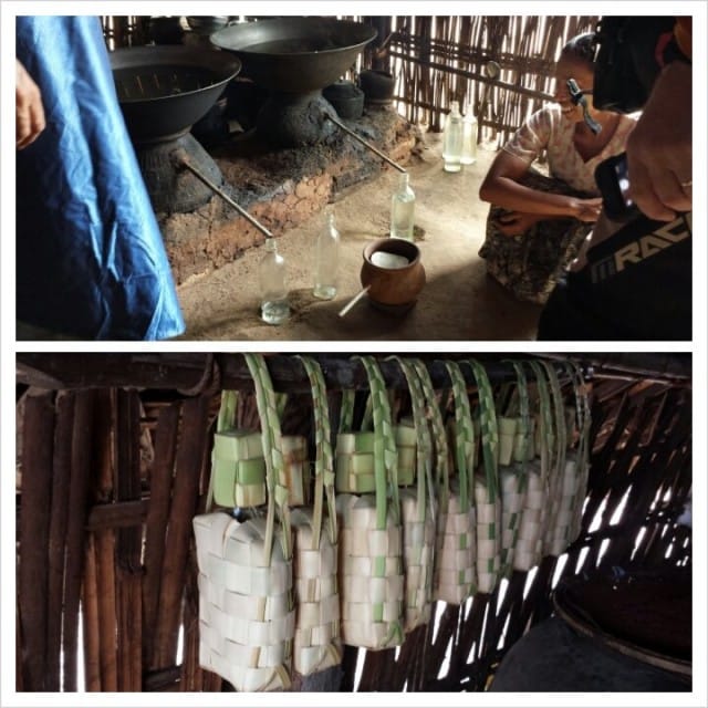 Pontikkapannulla tehdään palmuviinaa. Pullot kierrätyspulloja joissa bambukoriste.