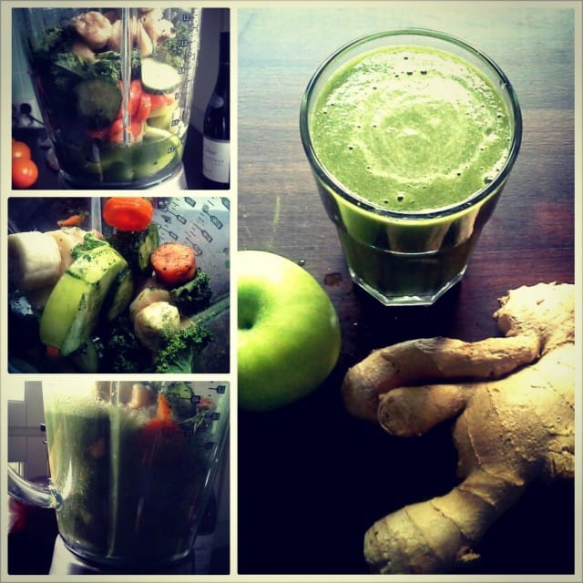 Kurkkua, porkkanaa, lehtikaalia, viherjauhetta, banaania, inkivääriä ja omenaa + surrur = NAM!