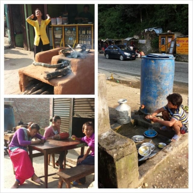 Avotulihellalla valmistettu ruoka oli hyvää. Vieressä lapsi tiskasi tiskejä.