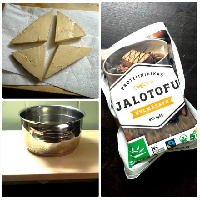 Jalotofu Kylmäsavu on nannaa! Paistamista varten piilotan tofun painon alle toviksi.