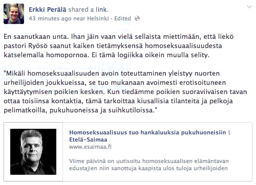 Helsinkiläinen kaupunginvaltuutettu Erkki Perälä (vihr.) analysoi pastori Ryösön homosaatiohuolia.