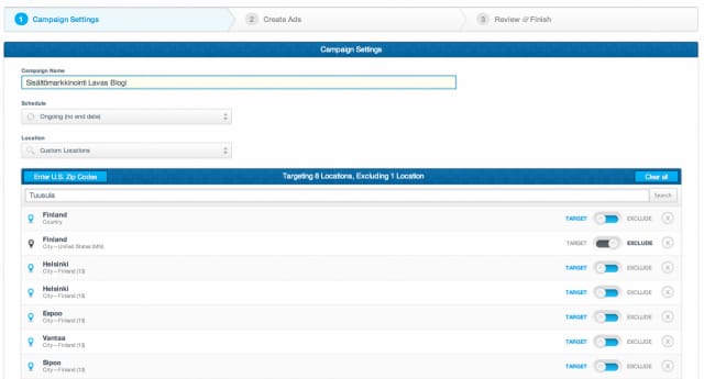 Valitsen kohdennukseksi Suomi ja varmuuden vuoksi kaupungit Helsinki yms pääkaupunkinseudun kaupungit. Jenkeissä on Finland niminen kaupunki, jonka Excludaan, jottei mene hukkaan näytöt.