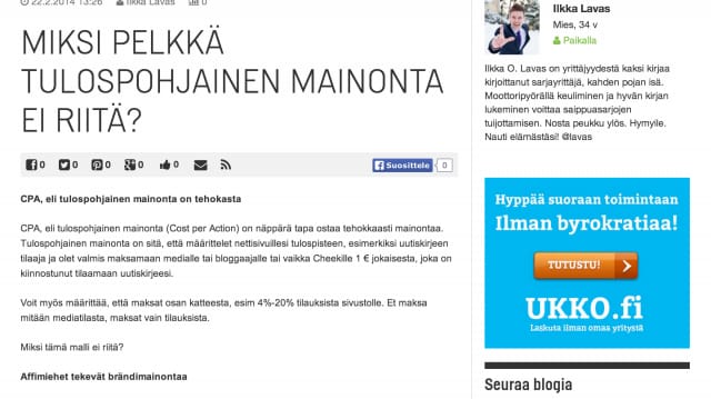 Ukko.fi aloitti tulospohjaisella mainonnalla, mutta on alkanut mainostamaan brändiänsä ja lisäämään palvelun tunnettuutta relevanteissa ympäristöissä. Tähän blogiin mainos näköjään tulee AdExchangen kautta targetoituna.