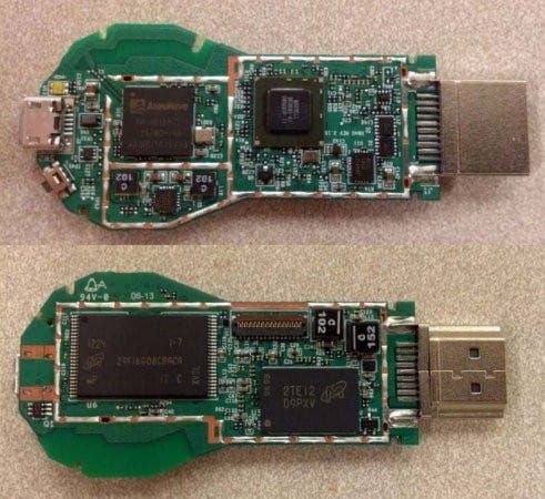 Chromecast on täysiverinen tietokone, jossa pyörii Android -käyttöjärjestelmä. Kuva FCC:n dokumenteista.