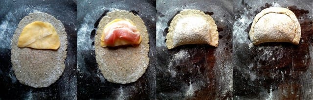 Pohjalle lanttua noin sentin kerros, päälle siivu possunkylkeä. Suljetaan huolellisesti, ja supikas on valmis uuniin!