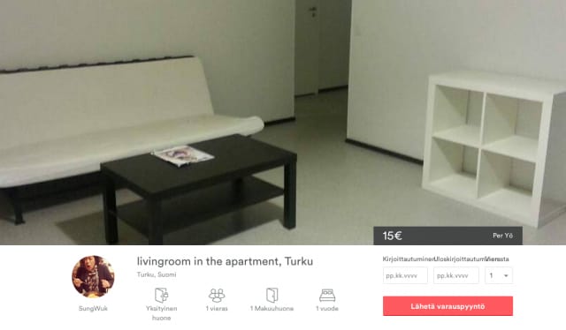 SungWuk tarjoaa 15 eurolla olohuonetta turkulaiskämpästään.