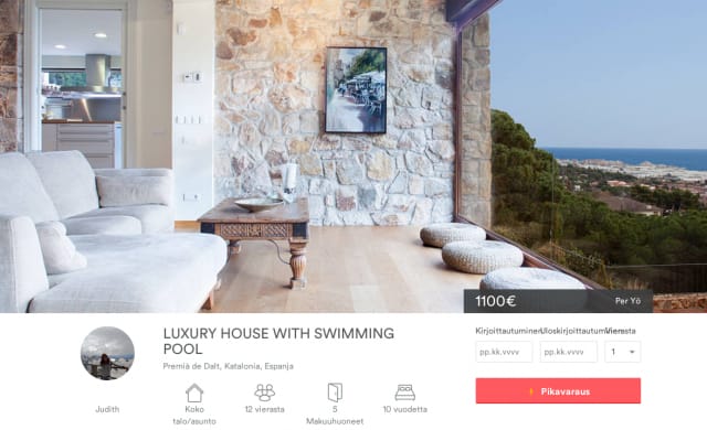 Judith tarjoaa luksustaloa Barcelonan edustalta löytyvältä saarelta. Hintaa huville kertyy 1 100 euroa / yö.