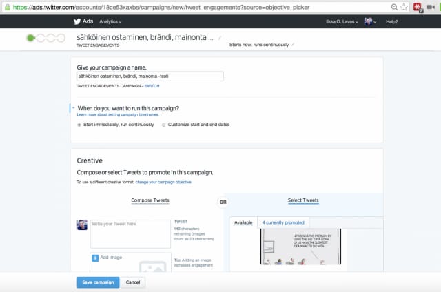 Twitter mainonnassa luodaan ensin mainos.
