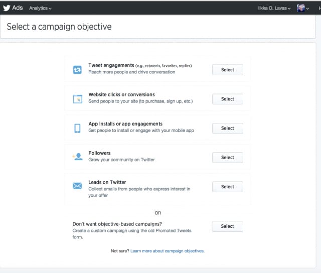 Oman kampanjan voi ostaa itsepalvelutyökalun kautta. Ensin määritellään kampanjan tarvoitteet.