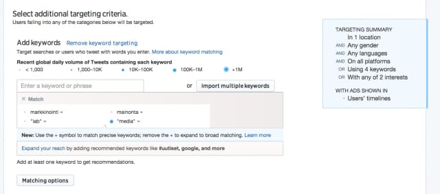 Mainontaa voidaan kohdentaa aihepiireittäin tai hakusanoittain. Hain kampanjallani näkyvyyttä markkinoinnista kiinnostuneiden parissa.