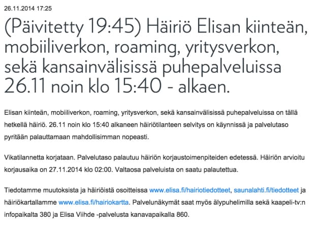 Elisan mukaan vika korjaantuu vasta yöllä seuraavan päivän puolella.