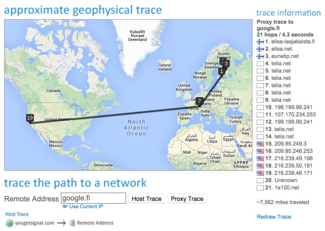 Google.fi sijaitsee yhdysvalloissa. Sinne reitti menee nyt Viron kautta.