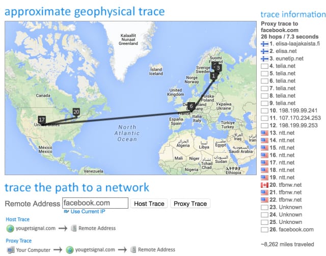 Facebook.com sijaitsee jenkeissä. Yhteys sinne menee nyt Viron kautta.