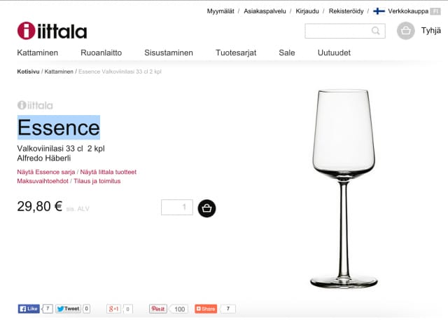 Iittala ei pidä omilla sivuillaankaan tarraa esillepanomateriaalissa. (kuvakaappaus)