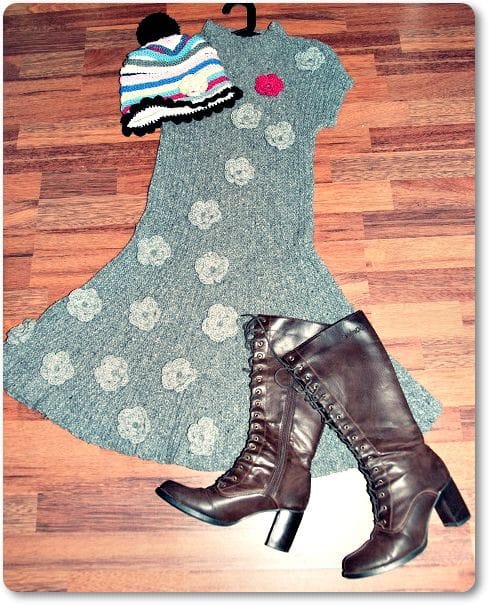 Kuvaan pääsi myös jämälangoista neulottu haitaripipo sekä kirpputorilta löytyneet saapikkaat (6€)