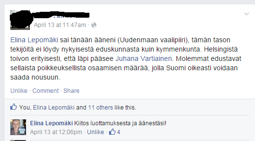 Tämä tapaus ei ottanut vaaliselfietä, mutta kertoi sanallisin keinoin julkisesti ketä äänesti ja ketä aikoisi äänestää jos olisi toisessa vaalipiirissä. Nimi tummennettu, koska henkilö ei liity tähän juttuun.