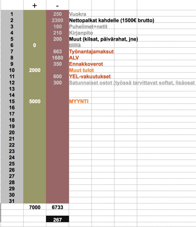 Yksikertainen, kahden yrittäjän kuukausibudjetti