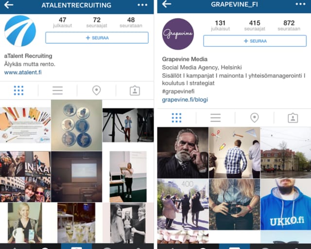 Myös aTalent ja Grapevine esittelevät Instagramissa toimistojensa arkea ja juhlaa.
