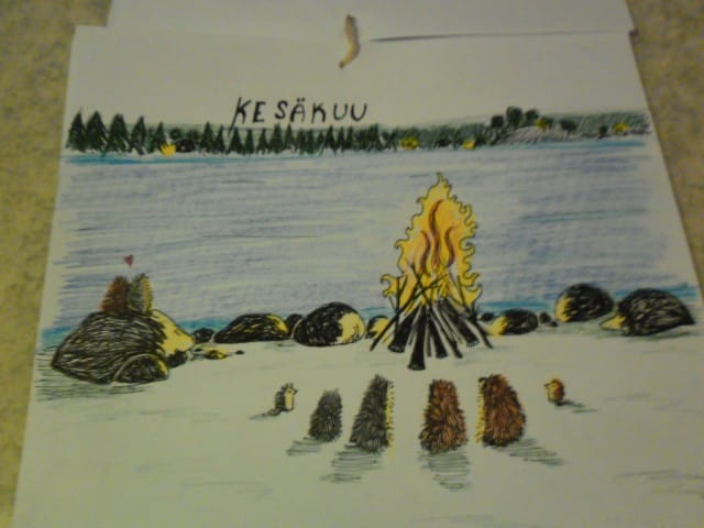 Taiteilemani kesäkuun kalenterikuva. Jokaisella kuukaudella oli oma siilimäinen toteutuksensa. Kalenteri meni joululahjaksi mummolleni.