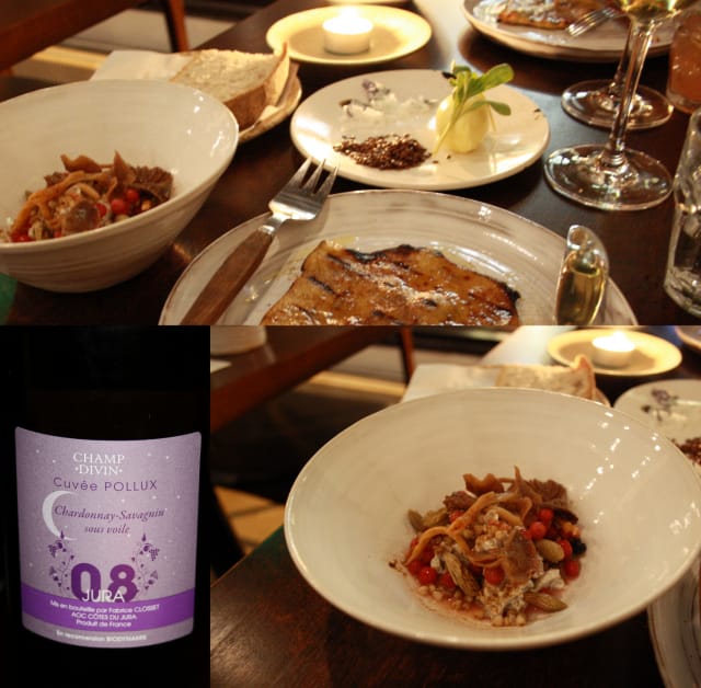 Juran alueelta Champ Divinin Cuvee Pollux Biodynaaminen viini / PERUNATATTARIRIESKAA tattivoilla sekä METSÄSIENISALAATTI, rouskua, kuusenkerkkää, puolukkaa