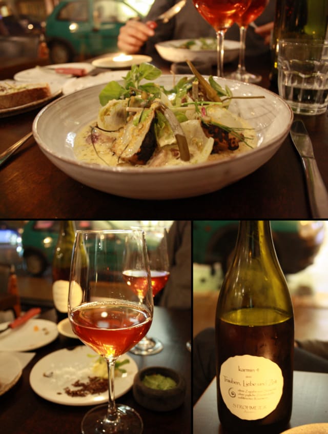 Pääruoaksi MAA-ARTISOKKAA, pikkelöityä vihreää mansikkaa, hopeasipulia, valkosipulin kukinnon versoa, siianmätiä, "redusoitua" kermaa, tattikreemiä pohjalla / Biodynaaminen Trauben, Liebe und Zeit Rosé Karmin Nro 4