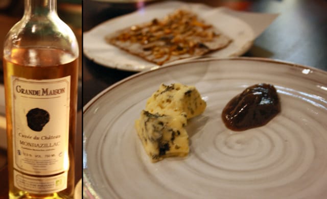 Grande Maison Cuvee du Chateau, Monbazillac. / Extraruokalaji SINIHOMEJUUSTOA, hapanjuurinäkkileipää, päärynähilloa ja hunajaa