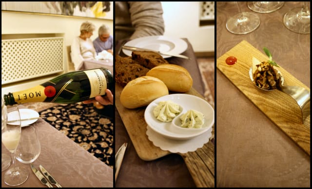 Samppanjaksi alkuun tuttua ja turvallista Moëtia / Itsetehtyä leipää sekä yrttilevitettä / Keittiön tervedyksenä Ankanmaksapatee & Vadelmachiliä.