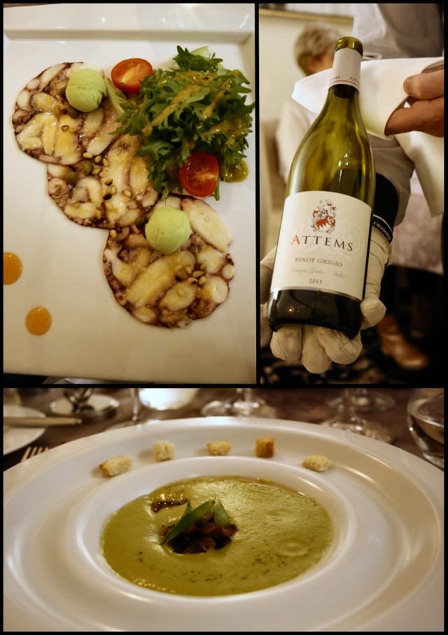 Mustekalacarpaccio, rakuunajäätelö, capris sekä vihreä salaatti. / Attems Pinot Grigio 2013 / Kesäkurpitsakeitto kookosmaidolla sekä inkiväärillä, villisikaa ja sinapinsiemeniä.