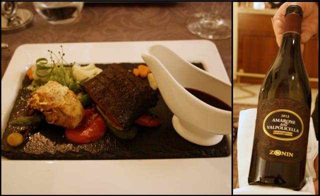 Pitkään kypsytettyä Peuraa mustaherukkakastikkeella, perunagratiini, punajuuripyree sekä hippu väkevää sinappia. / Zonin Amarone della Valpolicella 2012.