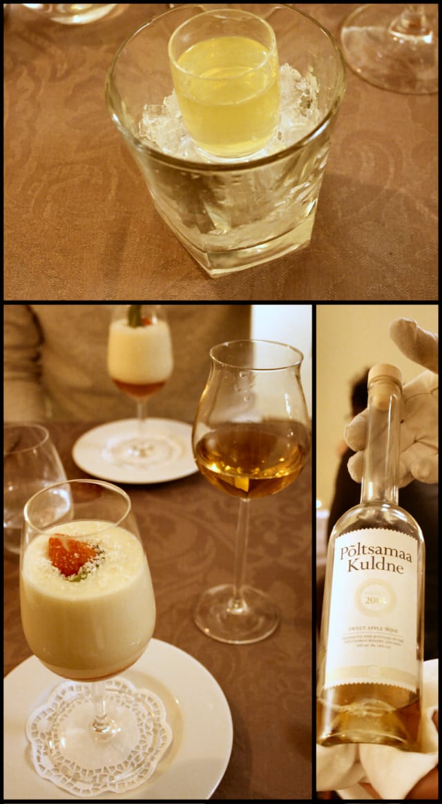 Limonzello rauhoittamaan vatsaa tauon aikana. / Valkosuklaa-samppanjakreemiä sekä mansikkagazpacho. / Jälkkäriviininä Virolainen Põltsamaa Kuldne 2005 vuosikertomenaviini.