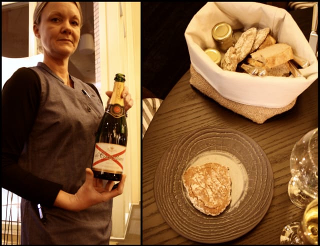 Ekologisesti kierrätysmateriaaleista valmistetut työasut ovat Touchpointin käsialaa. Champagne de Castellane Brut nautiskellaan ostereiden kanssa. / Leipäkorista löytyy mm. voita lipstikalla sekä naturel. Brossa valmistettu tumma leipä on herkullista