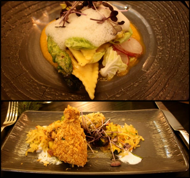 Myskikurpitsa + muskotti, viini: Cuvée Fantomme. / Kananpoika + papaija, viini: Arthur Metz Gewürztraminer.