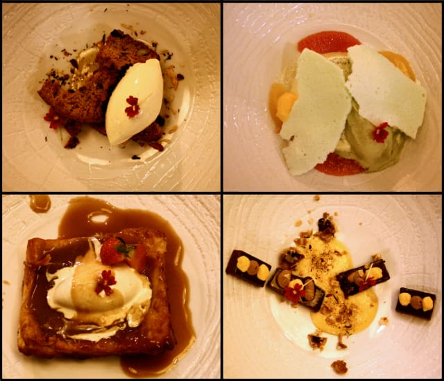 Jälkiruokia joka lähtöön: Pistaasi + inkivääri. Viini: Burmester Tawny Port. / Ternimaito + sitrus. / Päärynä + kaneli. / Suklaa + aprikoosi.