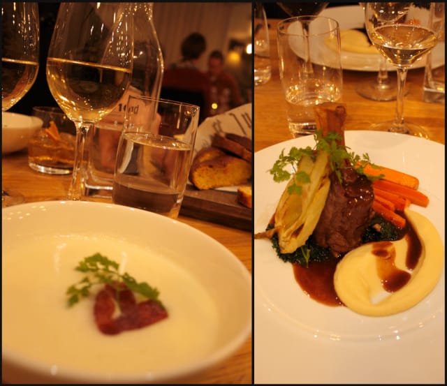 ALKUUN samettista maa-artisokkakeittoa. VIINI Trimbach Riesling, Alsace. Taustalla Brödin herkullinen leipävalikoima. / PÄÄRUOKA Meri-Lapin Karitsanpotkaa, palsternakkapyrettä. VIINI Ogier Crozes-Hermitage Heritages Syrah